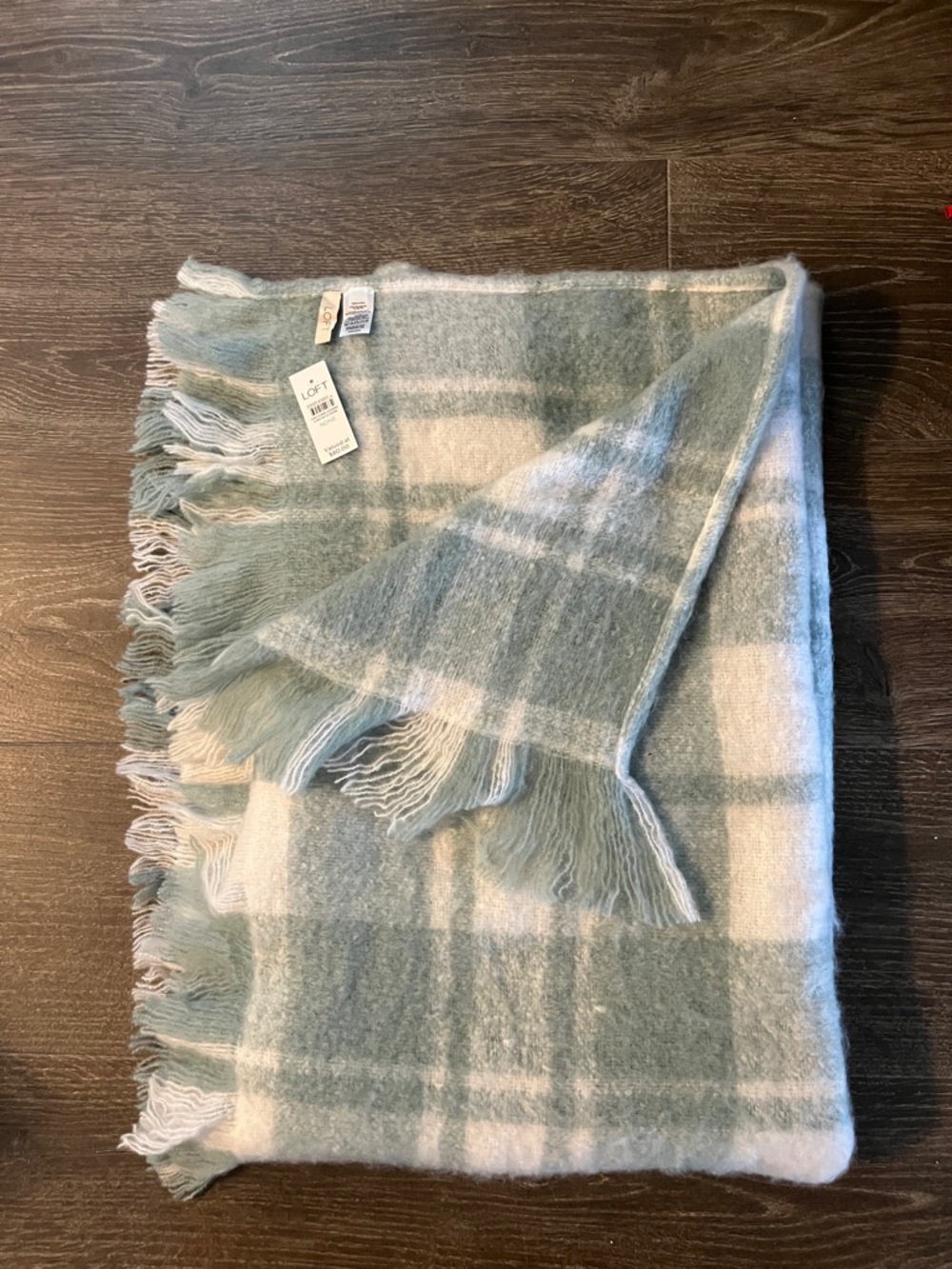 LOFT Plaid Fringe Throw in Sage and Cream NWT
